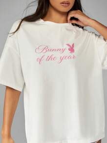 Missguided x Playboy Camiseta holgada con estampado gráfico de conejo del año, de algodón, cómoda y casual, para usar en primavera y verano, prenda básica, ropa de estar por casa, camiseta con mensaje, moda urbana