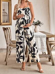 SHEIN Maternity Plant Print Casual Jumpsuit With Adjustable Strap & Wide Leg - Multicolor - View 3