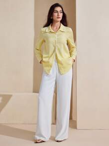 Graceveil Áo sơ mi dài tay giản dị trang trí hoa màu kem, mùa hè - Màu vàng - Xem 6