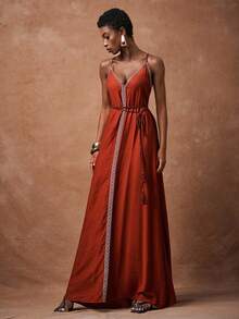 Zivah 2025 Sommer Neue Urlaubs-Rot-Braun Träger Wickel Rückenfreies Träger Damen Maxikleid, Urlaub, Boho, Reise, Party, Tägliche Reise, Abschlussfeier, Flughafen-Outfit, Brunch-Outfit, Nomadischer Retro Stil-A