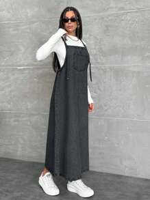 EURMUSE WOMEN LONG DENIM DRESS POCKET DETAILED - Dark Grey - View 3