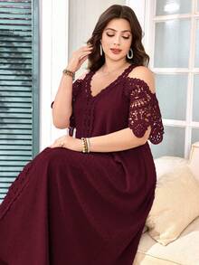 Lacomfia Vestido Solto Elegante Tamanho Plus com Decote em V, Manga Curta, Recortes a Laser e Renda - Vinho - Visão 5
