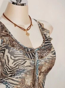 SHEIN ICON 加大码女式豹纹 V 领吊带背心，修身蕾丝边 Y2K 性感无袖衬衫 - 彩色 - 查看 4