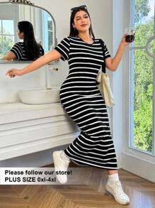 Solflare Plus Size Black & White Striped Long Casual Dress, Suitable For Spring/Summer - Black and White - View 1