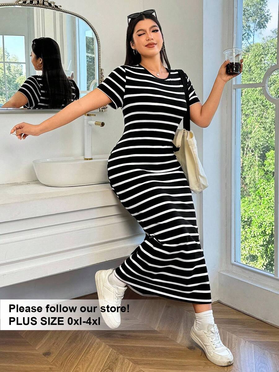 Solflare Plus Size Black & White Striped Long Casual Dress, Suitable For Spring/Summer - Black and White - View 1