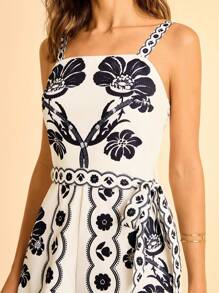 CAJUNI Women's Summer Floral Print Belted Camisole Romper - Multicolor - View 6