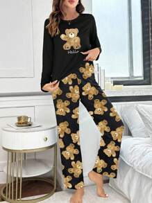 可爱小熊印花长袖上衣和裤子睡衣套装，泰迪熊可爱柔软睡衣套装，秋冬服装