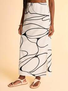 CAJUNI Falda informal de estilo boho y tropical con estampado de líneas abstractas para vacaciones - Multicolor - Ver 1