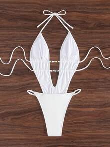 Swim SXY Women's Sexy Hollow Beaded Halter High Cut Backless Solid Color Swimsuit - White - View 2