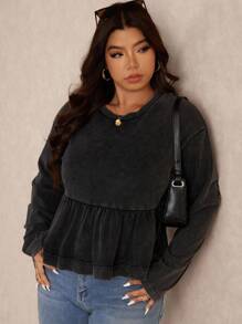 Elaquor 大码休闲简约纯色圆领荷叶边下摆T恤 - 灰色 - 查看 7