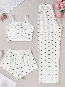 SHEIN 多件套女士蝴蝶结和蕾丝印花吊带背心短裤和长裤睡衣套装 - 白色 - 查看 2