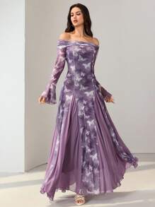 Modelyn Váy midi trễ vai phối lưới nhuộm loang lãng mạn tay loe thanh lịch dành cho nữ, váy bướm tím phong cách Hàn Quốc, váy dạ hội màu hoa oải hương, váy dạ hội màu tử đinh hương, váy trễ vai in họa tiết bướm, trang phục thu đông giản dị thời trang dành cho nữ, trang phục nữ cổ điển giản dị dễ thương, trang phục trở lại trường, váy trở lại trường, trang phục nữ giáo viên - Nhiều màu - Xem 8