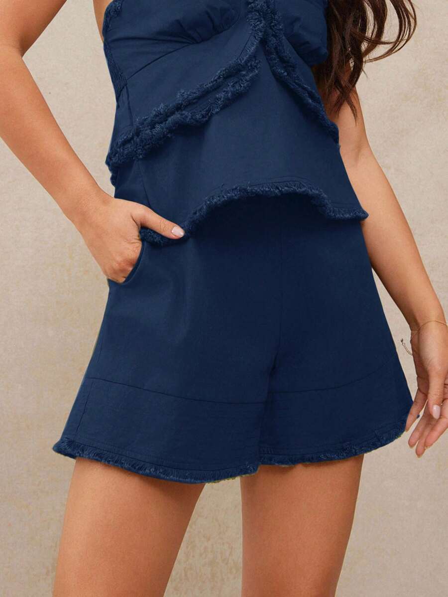 WESTFADE 100% 纯棉西部波西米亚风流苏磨边高腰休闲 A 字短裤休闲、可爱、秋季、冬季、乡村音乐会 - 藍色 - 查看 1