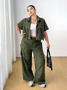 SHEIN CURVE+ 大码夏季休闲纯色前扣短袖上衣和工装裤两件套 - 軍綠色 - 查看 5