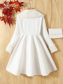SHEIN Teen Girls White Double-Sided Flannel Collar Mid-Length Umbrella Hem Elegant Woolen Overcoat Girls Winter Coat Tween Dress Coat Girls Fleece Coat Teen Girls Winter Coat Girls White Coat/Halloween/Autumn/Christmas/Holiday/Festival/Winter Fall