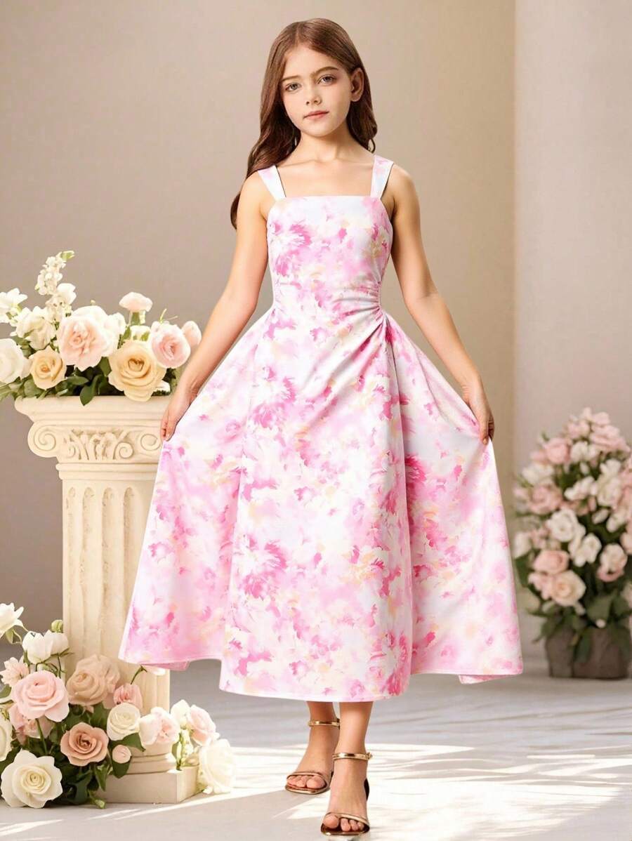Tween Girl Floral Print Waist Cinched Cami Dress, Elegant Summer - Pink - View 1