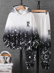 2 件套青少年男孩休闲渐变色字母印花长袖连帽衫和松紧腰裤套装，适合秋季、春季、冬季，适合户外玩耍、学校、街头摄影、派对和居家休闲，性价比高 - 白色 - 查看 7