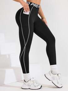 Easithlete Quần legging thể thao nữ màu đen với cạp quần phối màu, họa tiết sọc và in khẩu hiệu thể thao, chiều dài 3/4, phù hợp cho mặc hàng ngày, chạy bộ, Pilates, Yoga, tập gym, tennis. Quần legging thể thao nữ mùa thu có túi, quần legging tập luyện, quần legging tập gym, quần legging thể thao, quần legging đen, quần legging cho nữ. - màu đen - Xem 4