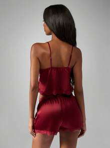 MISSGUIDED 奢华缎面蕾丝边吊带睡衣套装甜心领口短款睡衣家居服礼物情人节睡衣 - 紅色 - 查看 2