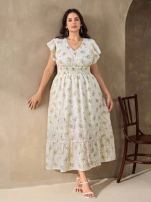 SHEIN Clasi Vestido floral bordado elegante de talla grande para mujer, vestido de verano de talla grande, vestido floral de talla grande para mujer, vestido smocked, vestidos florales para mujer, vestido floral para mujer para cita nocturna, vestido de invitada de boda, vestidos para invitada de boda - Multicolor - Ver 1