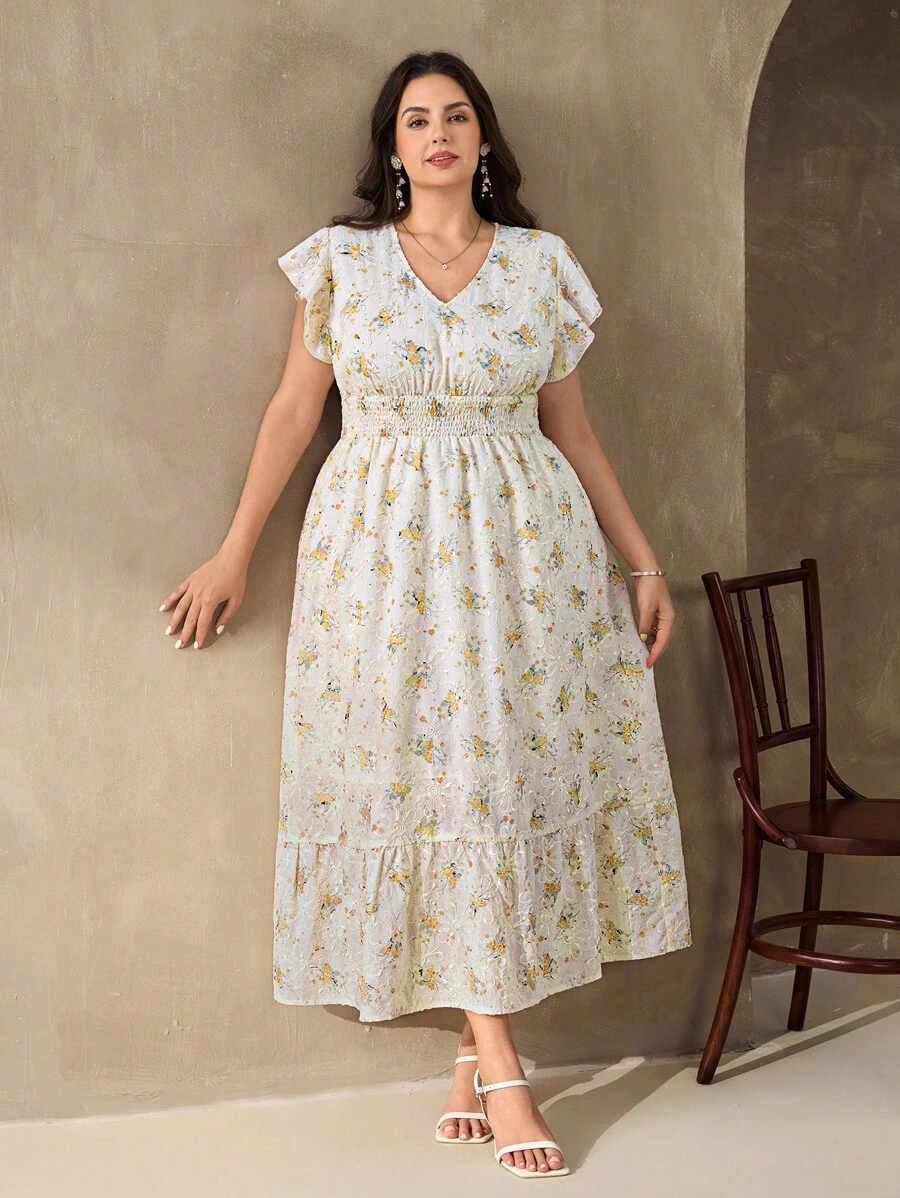 SHEIN Clasi Vestido floral bordado elegante de talla grande para mujer, vestido de verano de talla grande, vestido floral de talla grande para mujer, vestido smocked, vestidos florales para mujer, vestido floral para mujer para cita nocturna, vestido de invitada de boda, vestidos para invitada de boda - Multicolor - Ver 1