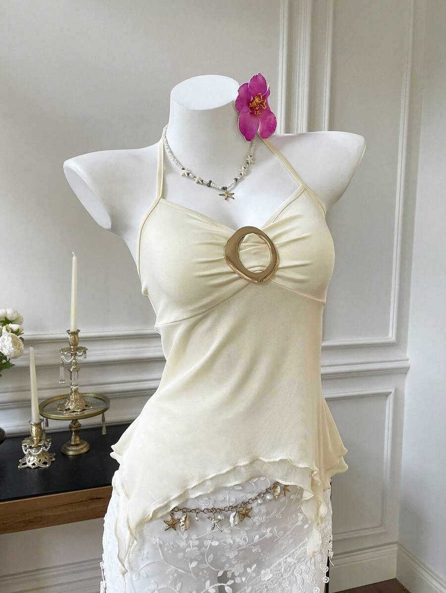 Comfortcana 女士Grunge风格性感纯色奶油黄深V尖角下摆开衩修身金属环吊坠项链上衣 - 黃色 - 查看 1