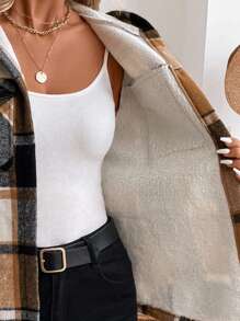 SHEIN LUNE 女士休闲格子保暖连帽常规款外套，女士冬季服装棕色上衣冬装外套，休闲款 - 彩色 - 查看 10