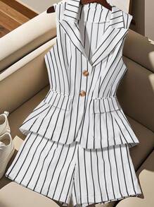 Franclia Women Striped Distressed Lapel Single-Breasted Vest And Shorts Casual 2 Pieces Set - White - View 6