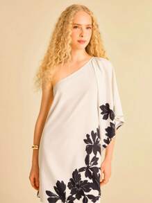 CAJUNI Robe mini femme à manches asymétriques à volants imprimé floral, noir et blanc, pour vacances d'été