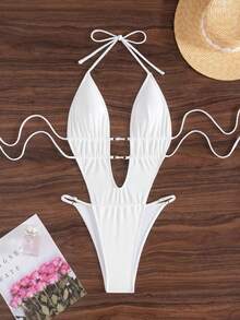 Swim SXY Women's Sexy Hollow Beaded Halter High Cut Backless Solid Color Swimsuit - White - View 5
