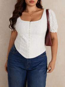 Elaquor Áo thun dáng ôm, màu trơn, chất liệu jacquard, cỡ lớn, thanh lịch, thích hợp cho nữ giáo viên. - trắng - Xem 5