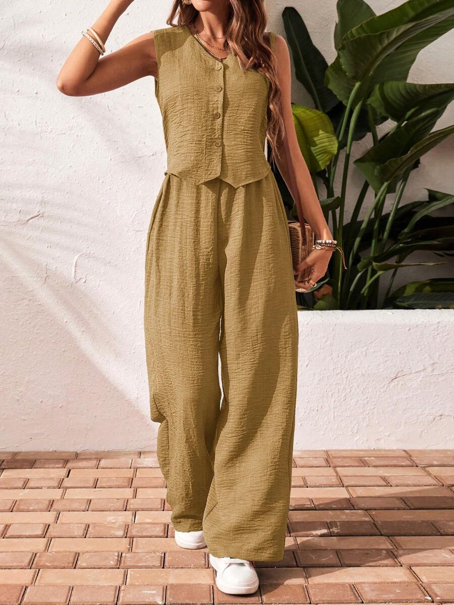 SHEIN Frenchy 女式无袖纯色单排扣背心和裤子休闲两件套，夏季 - 薑色 - 查看 1