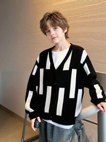SHEIN Explorewe Boys Black & White Cardigan, Simple Street Casual, Suitable For Travel, Gatherings, Back To School, Spring, Summer And Autumn - Black and White - View 8