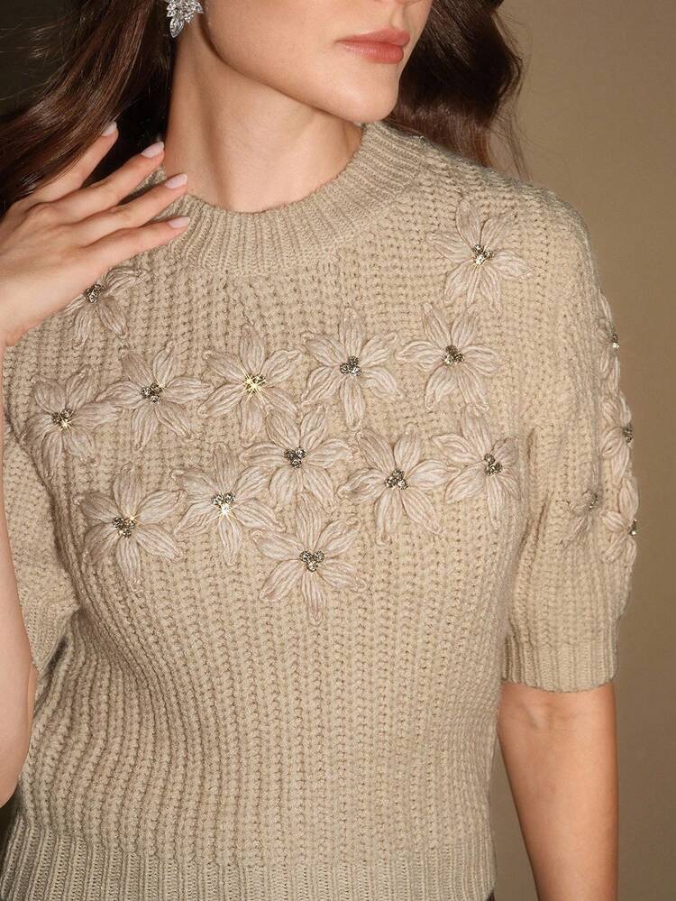 Damen Gestrickter Pullover, handgemachtes Mode 3D Häkel Design Slim Fit kurzer Pullover