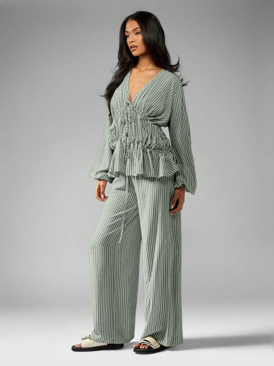 MISSGUIDED Striped Long Sleeve Blouse And Wide Leg Pants Set Christmas