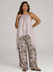 SHEIN LUNE Conjunto de top de tirantes asimétrico y pantalón ancho de pierna ancha de estilo asiático informal con estampado floral para mujer de talla grande
