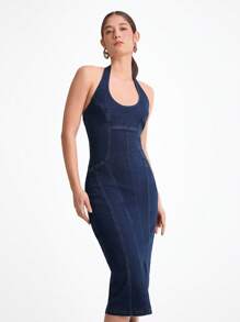 Daynim Váy denim dài vừa phải hở lưng thường ngày cho nữ - Rửa tối - Xem 4