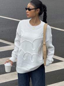 Muchica Casaco de Malha Casual Solto de Ombros Caídos com Cor Sólida, Outono