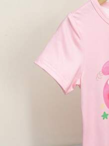 2pcs Young Girls Kid Pajama Dress Sleepwear, Cute Cartoon Naughty Bunny Printed Short Sleeve Round Neck Nightgown Two Pieces Set, Back To School Toddler Girl Clothes Summer - Pink - View 3