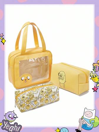 Adventure Time X ROMWE Cartoon Pattern Cute Yellow Handbag Fashion Portable Kawaii 3 Pieces Cosmetic Bag Set