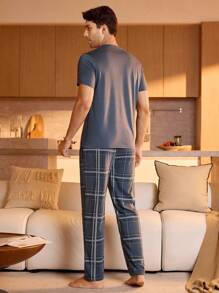 Manfinity Underwear&Sleepwear Basics Men Plaid Print PJ Set / Pajama Set - Blue and White - View 2