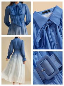 Anewsta 优雅圆领系带袖收腰渐变色雪纺印花女式连衣裙