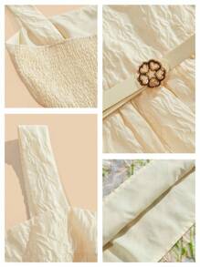 Anewsta 新款优雅宫廷风女款方领系带收腰设计碎花夏装连衣裙，显瘦高级感，奶油黄 - 杏色 - 查看 8