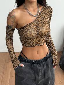 Coolane Y2K Music Festival Leopard Stretchy Breathable Mesh Asymmetrical Neck Crop Tops