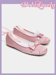 Dola Lovely 女士粉色可爱圆头平底鞋，带蕾丝蝴蝶结，低帮洛丽塔风格，浪漫礼物，适合派对、圣诞节、万圣节等场合 - 藕粉色 - 查看 4