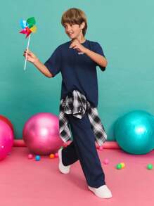 SHEIN 青少年男孩休闲宽松舒适圆领短袖T恤和裤子套装