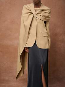 Zivah 超大长袖西装外套，亚麻卡其色，休闲优雅，通勤、音乐节、毕业季、日常穿着、海滩、街头风格，2025秋冬新品 - 卡其色 - 查看 3