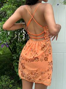 SHEIN EZwear Đầm mini thêu họa tiết sequin chắp vá màu trơn cho nữ - trái cam - Xem 2