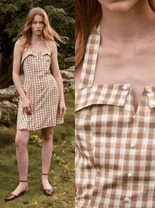 SHEIN Holidaya Summer Plaid Halter Neck Dress (Random Print Design) - Khaki - View 1