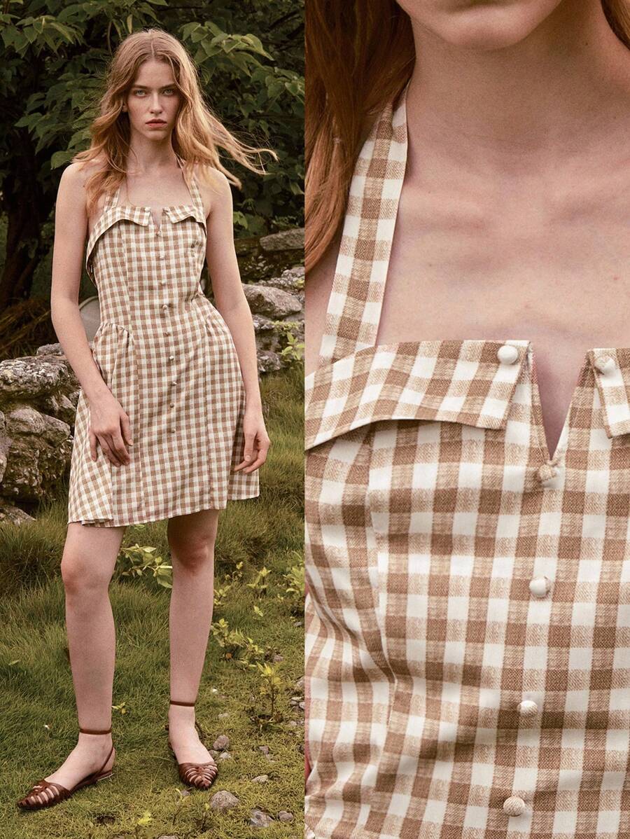 SHEIN Holidaya Summer Plaid Halter Neck Dress (Random Print Design) - Khaki - View 1
